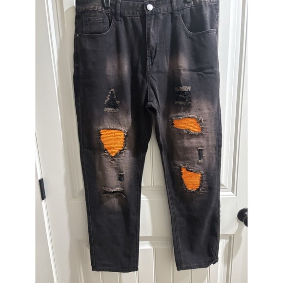 Men’s Sz 38 Black/ Orange Assents Denim Jeans Distressed - Picture 1 of 4